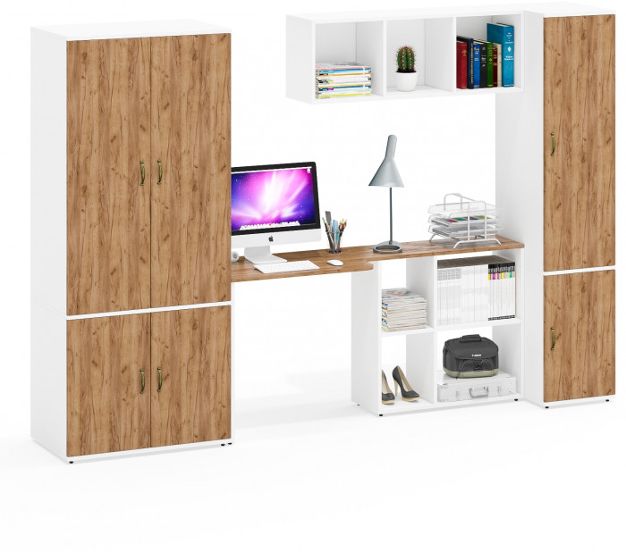 Лидер-8 Шкаф МД 19Б + Стол + Полка + Пенал 23Б, белый шагрень/крафт золото