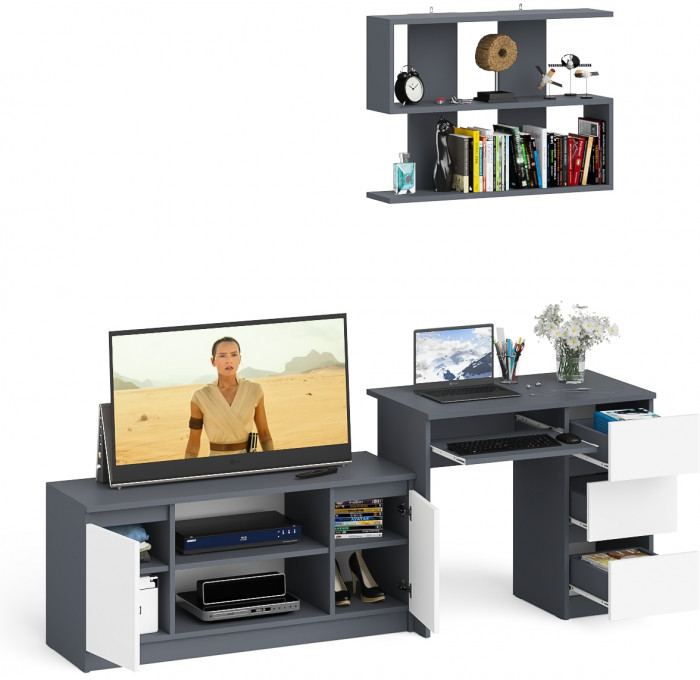Мори компьютерный стол МС-6 правый + Тумба МТВ1200.1 + Полка 900, графит/белый