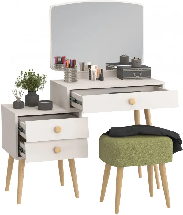 Афина Спальня 4-25901М1к.с. Трюмо + Банкетка 6-5135ТКШзел Полли, цвет кашемир серый/ткань зелёная, ШхГхВ 105х38,6х129 + 44х34х45 см., универс. сб.
