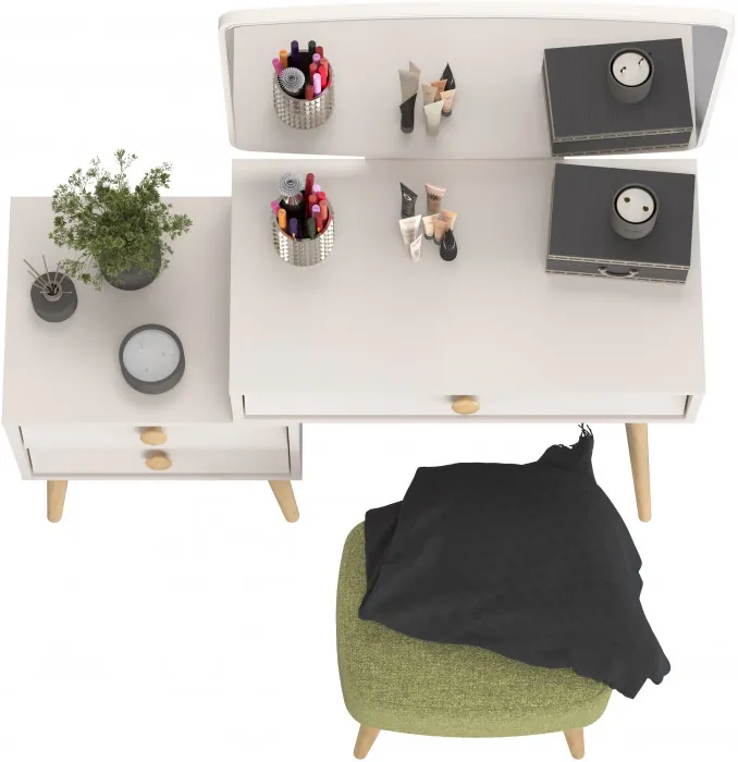 Афина Спальня 4-25901М1к.с. Трюмо + Банкетка 6-5135ТКШзел Полли, цвет кашемир серый/ткань зелёная, ШхГхВ 105х38,6х129 + 44х34х45 см., универс. сб.