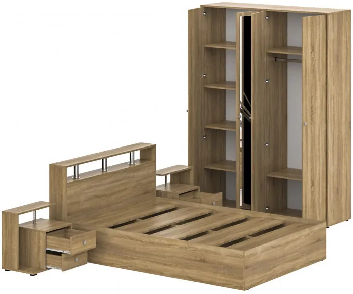 Камелия спальня № 1 Кровать 1400 + Две тумбы + Шкаф 4-х створчатый, цвет дуб сонома, сп.м. 1400х2000 мм., б/м, основание есть