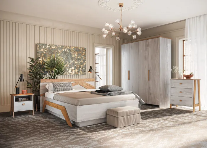 Кровать двуспальная 160х200 "Скандинавия" с щитовым основанием - Бетон пайн светлый/Дуб наварра