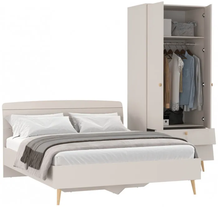 Афина Спальня Кровать 1600 + Шкаф 2-х дверный, цвет кашемир серый, ШхГхВ 164,6х210,2х95,6 + 90,3х56,3х220 см., сп.м. 1600х2000 мм., б/м, осн. есть
