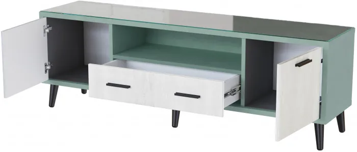 Тумба ТВ интерьерная 1,6 Ланс мятный/мдф холст белый