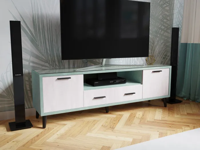 Тумба ТВ интерьерная 1,6 Ланс мятный/мдф холст белый