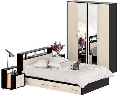 Камелия спальня № 8 Кровать с ящиками 1400 + Две тумбы + Шкаф 4-х створчатый, цвет венге/дуб лоредо, сп.м. 1400х2000 мм., б/м, основание есть