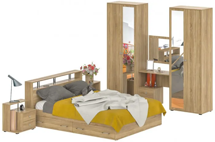 Камелия спальня № 9 Кровать с ящиками 1600 + Две тумбы + Стол космет. + Зеркало + Шкаф 4-х, цвет дуб сонома, сп.м. 1600х2000 мм., б/м, осн. есть