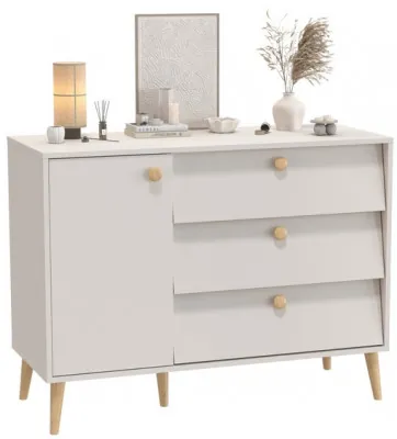 Афина Спальня 4-44901М1к.с. Комод с дверкой и тремя ящиками, цвет кашемир серый, ШхГхВ 110х45,3х83 см., универсальная сборка, цвет ножек: тик