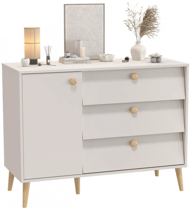 Афина Спальня 4-44901М1к.с. Комод с дверкой и тремя ящиками, цвет кашемир серый, ШхГхВ 110х45,3х83 см., универсальная сборка, цвет ножек: тик