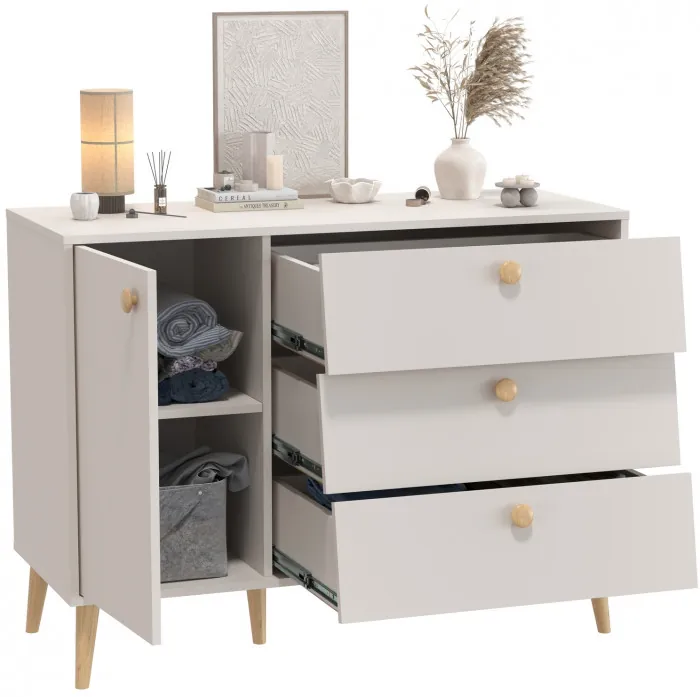 Афина Спальня 4-44901М1к.с. Комод с дверкой и тремя ящиками, цвет кашемир серый, ШхГхВ 110х45,3х83 см., универсальная сборка, цвет ножек: тик