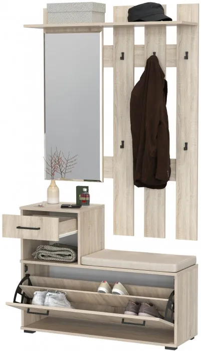 Лира ГК Прихожая 1 2-0714+2-3814 Тумба под обувь + Вешалка с зеркалом, цвет дуб сонома, ШхГхВ 100х33х185 см., универсальная сборка