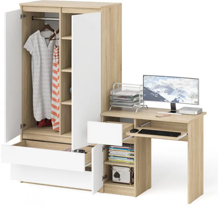 Мори компьютерный стол МС-1 левый + Шкаф МШ900.1, дуб сонома/белый