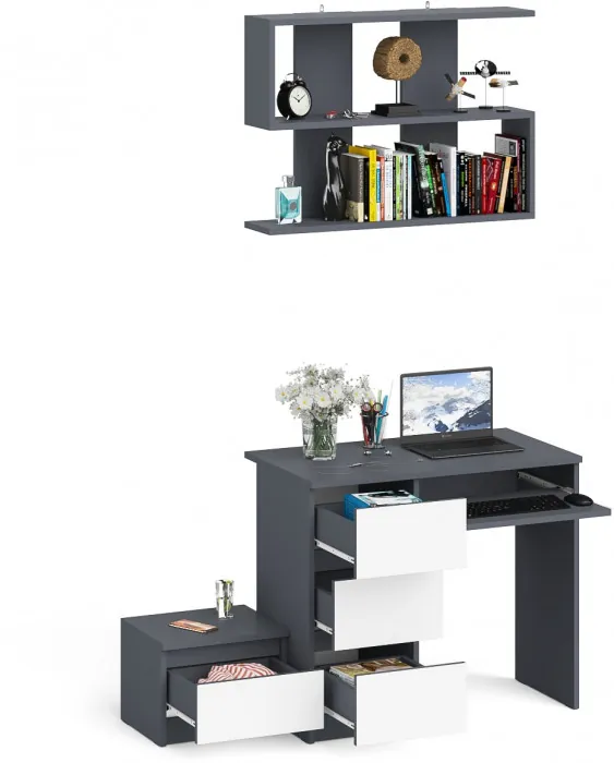 Мори компьютерный стол МС-6 левый + Тумба ТМП400.1 + Полка 900, графит/белый