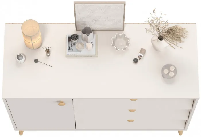 Афина Спальня 4-44901М1к.с. Комод с дверкой и тремя ящиками, цвет кашемир серый, ШхГхВ 110х45,3х83 см., универсальная сборка, цвет ножек: тик