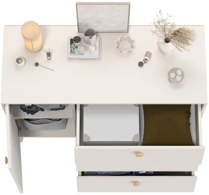 Афина Спальня 4-44901М1к.с. Комод с дверкой и тремя ящиками, цвет кашемир серый, ШхГхВ 110х45,3х83 см., универсальная сборка, цвет ножек: тик