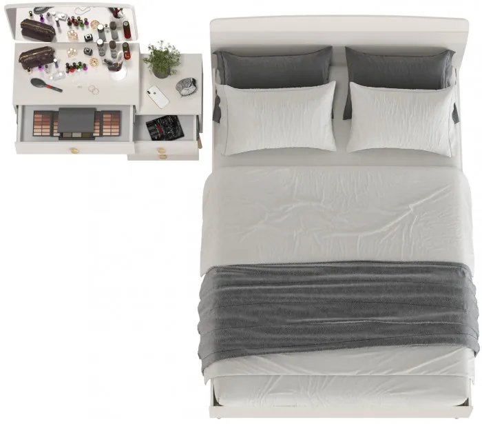 Афина Спальня Кровать 1400 + Трюмо, цвет кашемир серый, ШхГхВ 144,6х210,2х95,7 + 105х38,6х129 см., сп.м. 1400х2000 мм., б/м, основание есть