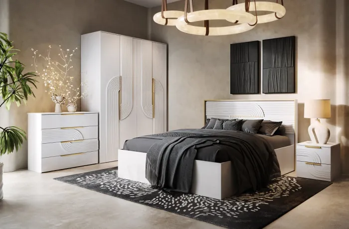 Модульная спальня "Монтиз" - Белый текстурный/Корунд джелато