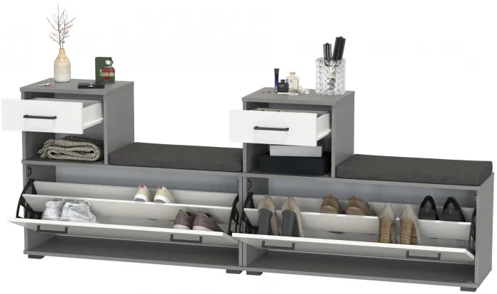 Лира ГК 2-0714+2-0714графбел Тумба под обувь, цвет графит/белый, ШхГхВ 200х33х75,5 см., универсальная сборка