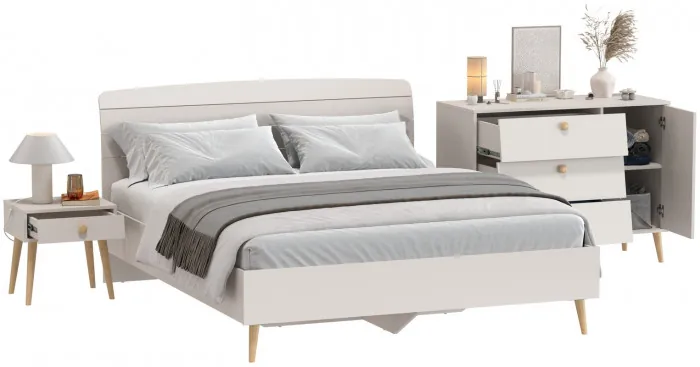 Афина Спальня Кровать 1600 + Комод + Тумба, цвет кашемир серый, ШхГхВ 164,6х210,2х95,6 + 110х45,3х83 + 45х37х45 см., 1600х2000 мм., б/м, осн. есть