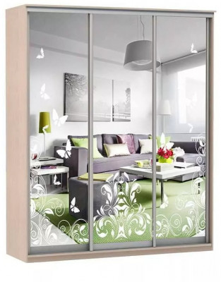 Шкаф купе Модерн 2076х450 3-х дверный 3-х секционный зеркальный с пескоструем №4 ясень
