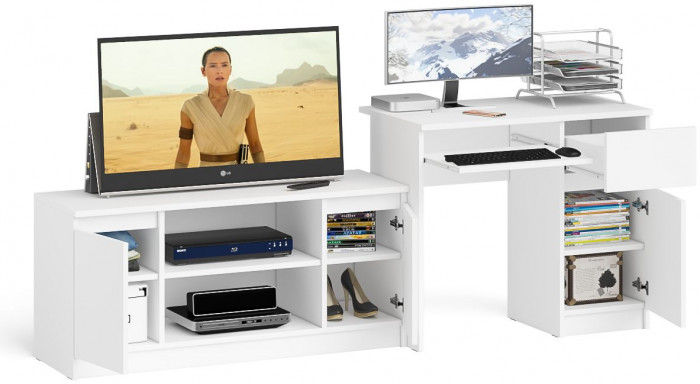 Мори компьютерный стол МС-1 правый + Тумба МТВ1200.1, белый