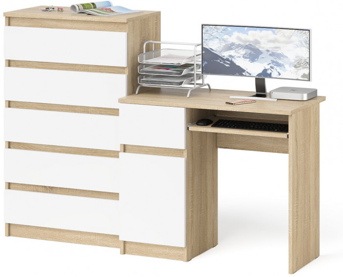 Мори Стол компьютерный МС-1 левый + Комод МК700.5, цвет дуб сонома/белый, ШхГхВ 160,4х50х114 см., выдвижной ящик слева, НЕ универсальная сборка