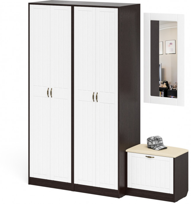Прихожая П-6 Компоновка № 08, цвет венге/фасады МДФ белое дерево фрезеровка прованс, ШхГхВ 180х50х210 см., универсальная сборка