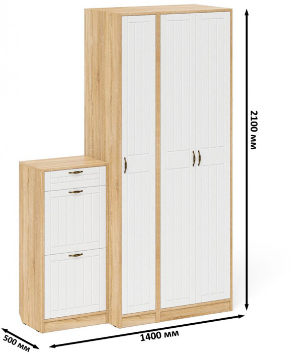 Прихожая П-6 Компоновка № 48, цвет дуб сонома/фасады МДФ белое дерево фрезеровка прованс, ШхГхВ 140х50х210 см., универсальная сборка