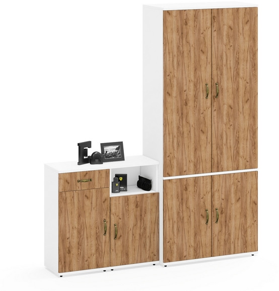 Лидер-8 Шкаф МД 20Б + Тумба МД 3.15 + Тумба МД 3.19, цвет белый шагрень/крафт золото, ШхГхВ 160х37,5х190 см., НЕ универсальная сборка