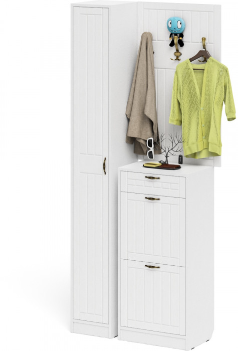 Прихожая П-6 Компоновка № 24, белая шагрень/фасады МДФ белое дерево фрезеровка прованс