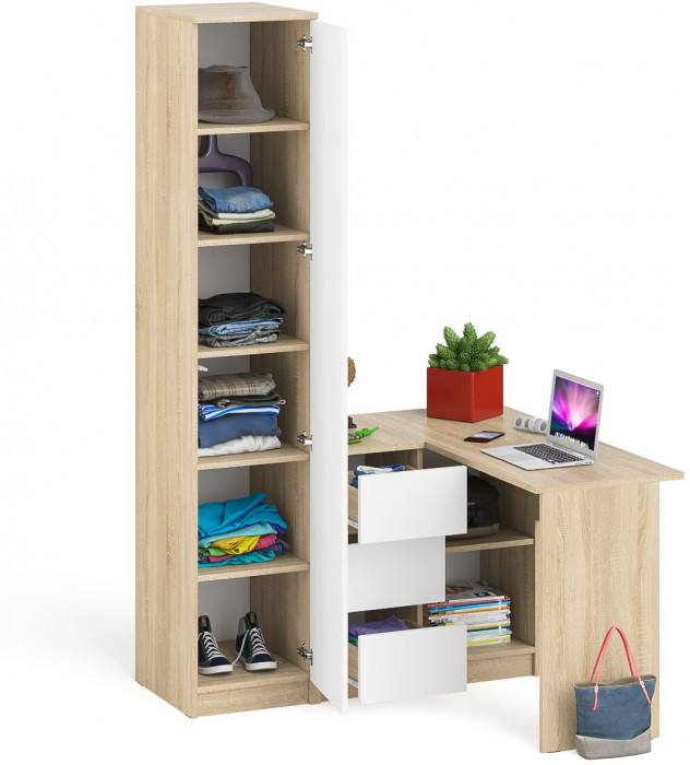Мори компьютерный стол МС-16 левый + Пенал МШ400.1, дуб сонома/белый