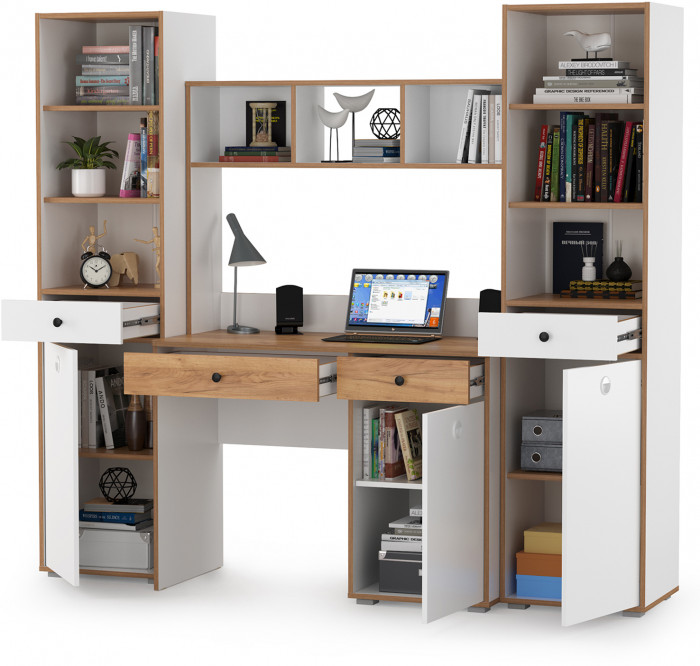 Вуди Компоновка № 07, цвет белый премиум/дуб крафт золотой, ШхГхВ 200х52,7х180,3 см., универсальная сборка