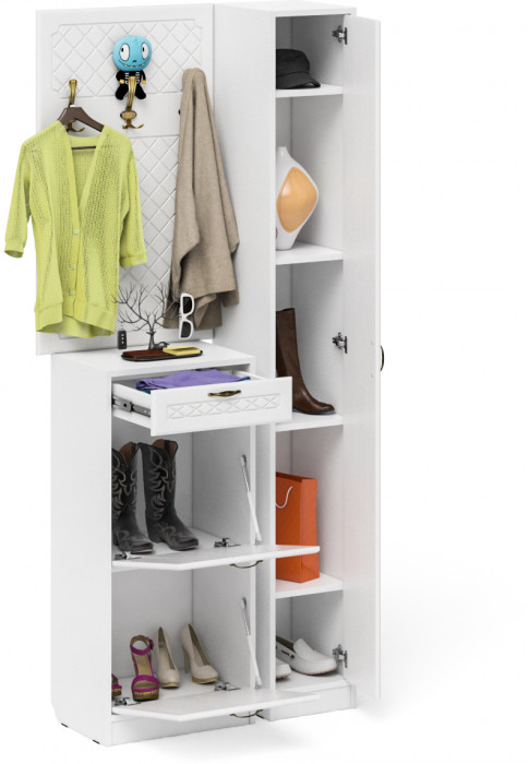 Прихожая П-6 Компоновка № 24, белая шагрень/фасады МДФ белое дерево фрезеровка ромб