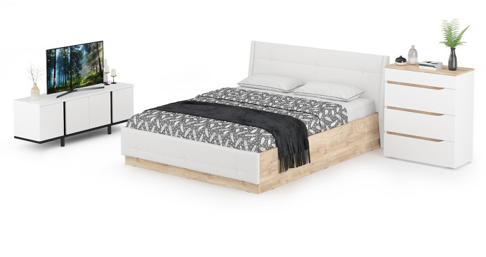 Муссон Кровать 11.28 + подъёмный ортопед + Комод 13.97 + Тумба ТВ 13.276, цвет белый/чёрный/дуб эндгрейн элегантный/кожзам белый, 1600х2000 мм., б/м