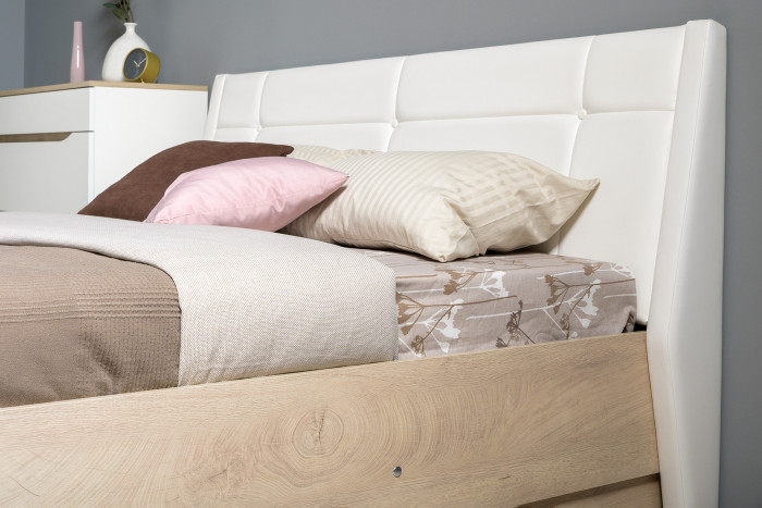 Муссон Кровать 11.28 + подъёмный ортопед + Комод 13.97 + Тумба ТВ 13.276, цвет белый/чёрный/дуб эндгрейн элегантный/кожзам белый, 1600х2000 мм., б/м