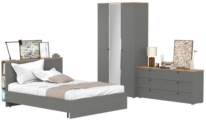 Остин 11.53 Кровать + ортопед + 13.336.03 Шкаф для одежды + 16.240 Комод, серый графит/дуб крафт золотой