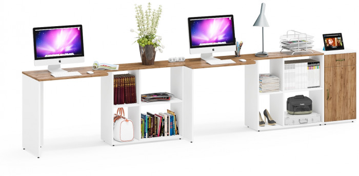 Лидер-8 Стол + Стол + Тумба МД 3.15, цвет белый шагрень/крафт золото, ШхГхВ 370х50/30х75 см. или 230х50/120х75 см., НЕ универсальная сборка