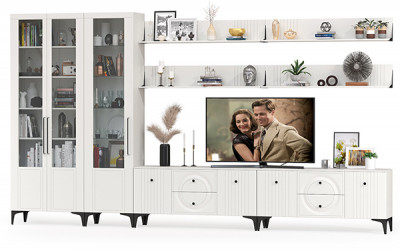 Валенсия Гостиная № 087, цвет ЛДСП белый шагрень/МДФ белый шагрень, ШхГхВ 405,3х38,3х225,2 см., универсальная сборка