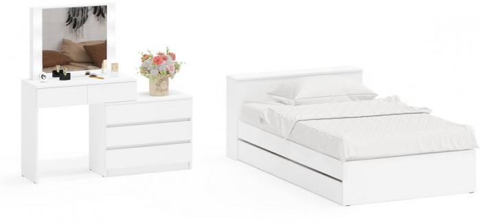 Ксения Кровать с ящиками 1200 + Стол косметический с подсветкой 110, белый