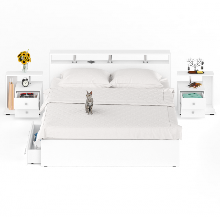 Камелия Кровать с ящиками 1800 + две тумбы, цвет белый, ШхГхВ 296х217х78,2 см., сп.м. 1800х2000 мм., без матраса, основание есть