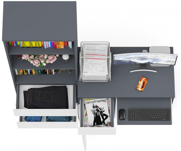 Мори компьютерный стол МС-1 левый + Стеллаж МСТ600.3, графит/белый