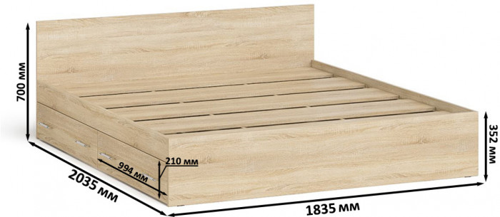 Мори Кровать с ящиками 1800, цвет дуб сонома, ШхГхВ 183,5х203,5х70 см., сп.м. 1800х2000 мм., без матраса, основание есть