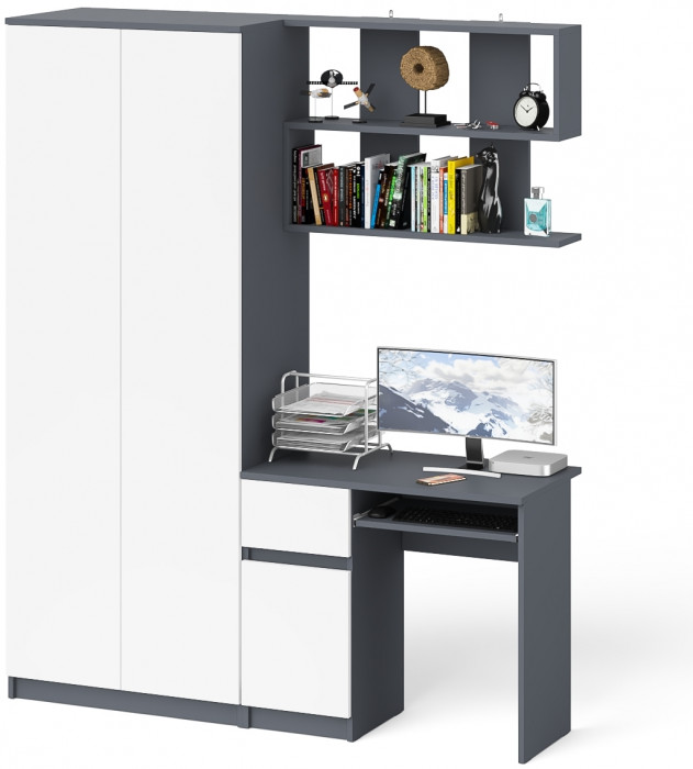 Мори Стол компьютерный МС-1 левый + Шкаф МШ800.1 + Полка 900, цвет графит/белый, ШхГхВ 170,4х50,4х209,6 см., НЕ универсальная сборка