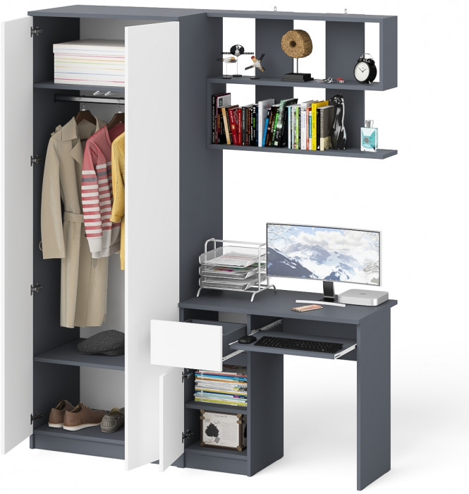 Мори Стол компьютерный МС-1 левый + Шкаф МШ800.1 + Полка 900, цвет графит/белый, ШхГхВ 170,4х50,4х209,6 см., НЕ универсальная сборка