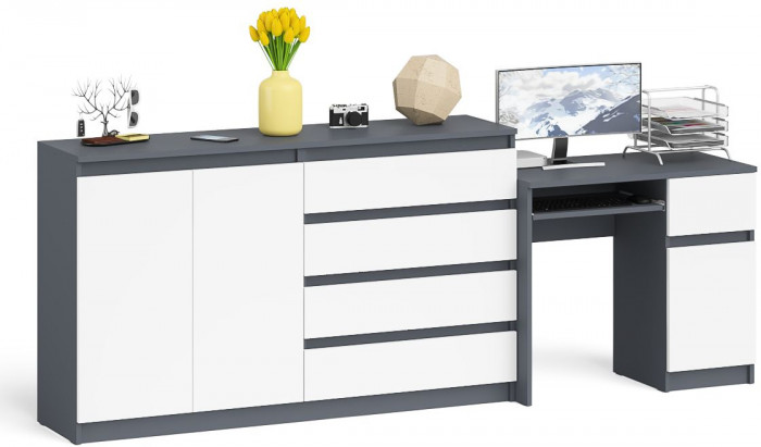 Мори Стол компьютерный МС-1 правый + Комод МК1600.1, цвет графит/белый, ШхГхВ 250,4х50х94 см., выдвижной ящик справа, НЕ универсальная сборка