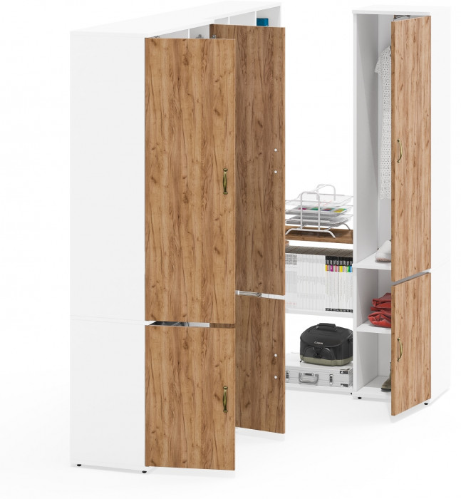 Лидер-8 Шкаф МД 20Б + Стол + Полка + Пенал 21Б, цвет белый шагрень/крафт золото, ШхГхВ 285х50/37,5х75/190 или 195х120х75/190 см., НЕ ун.сб.