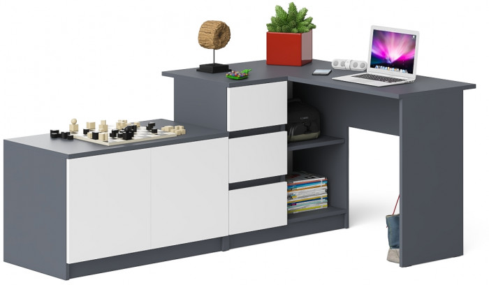 Мори Стол компьютерный МС-16 левый + Тумба МА900.1, цвет графит/белый, ШхГхВ 214,8х84,9х76,6 см., выдвижные ящики слева, НЕ универсальная сборка