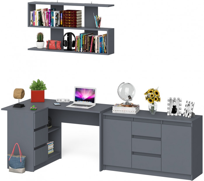 Мори компьютерный стол МС-16 левый + Комод МК1200.3 + Полка 1200, графит