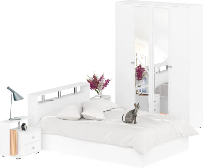 Камелия спальня № 1 Кровать 1400 + Две тумбы + Шкаф 4-х створчатый, цвет белый, сп.м. 1400х2000 мм., б/м, основание есть