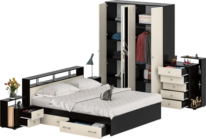 Камелия спальня № 11 Кровать с ящиками 1800 + Две тумбы + Комод + Шкаф 4-х створчатый, цвет венге/дуб лоредо, сп.м. 1800х2000 мм., б/м, основание есть